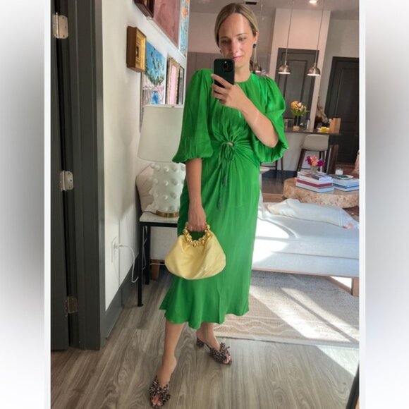 FARM RIO Anthropologie green long sleeve maxi midi satin dress circle cut out - Picture 7 of 10